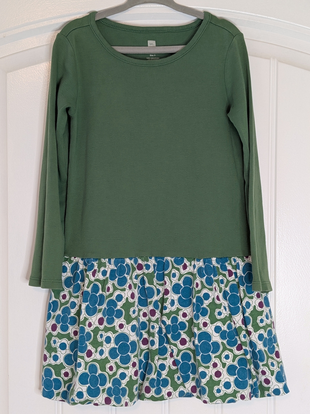 Tea Collection Cotton Long Sleeve Green Floral Bubble Skirt Dress